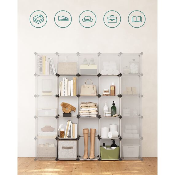 SONGMICS Schuhregal Kleiderschrank aus Kunststoff Regalsystem Aufbewahrungsregal mit 16 Fächern offenes Steckregal erweiterbar für Kleidung Spielzeug Tasche, weiß halbTransparent, LPC44L