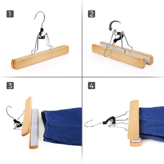 SONGMICS Hosenspanner, 48 Stück, Kleiderbügel aus Holz, Hosenbügel, rutschfest, verchromter Haken, um 360 Grad drehbar, Natur CRW007-48
