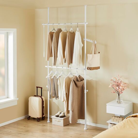 SoBuy Teleskop Kleiderständer, robuster Kleiderstange, verstellbarer offener Kleiderschrank für Schlafzimmer, Garderobenständer, Weiß FRG109-II-W