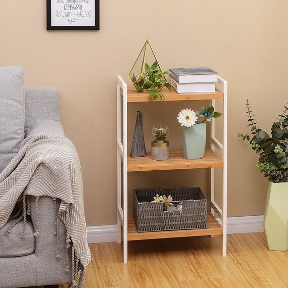 SONGMICS Bambus Regal, Küchenregal, Badregal, Bücherregal, Standregal mit 3 Ablagen, 31,5 x 45 x 80 cm, für Bad, Küche, Wohnzimmer, Schlafzimmer, Balkon, naturfarben-weiß BCB73Y