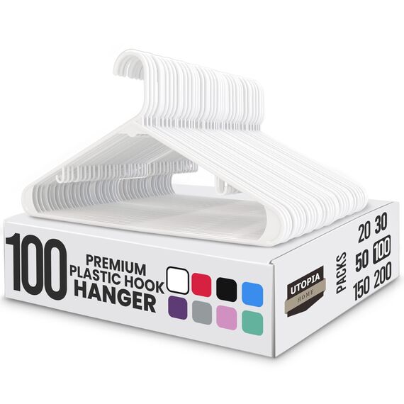Utopia Home Kleiderbügel aus Kunststoff, 100 Stück, Kleiderbügel mit Haken, langlebig und platzsparend, weiß