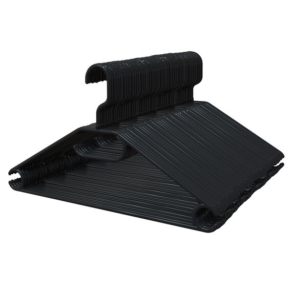 PORTENTUM Kleiderbügel aus 100% Recyceltem Kunststoff, 50 Stück, Schwarz. Für Alle Kleidungsarten, 360º Drehbarer Haken, Platzsparend, Zubehörhalter, Haken für Kleider, Blusen & Röcke, Made in Spain