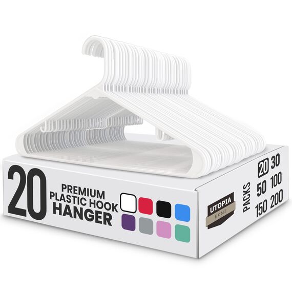Utopia Home Kunststoff-Kleiderbügel, 20 Stück, Kleiderbügel mit Haken, langlebig und platzsparend, robust, weiß, Rock-Kleiderbügel