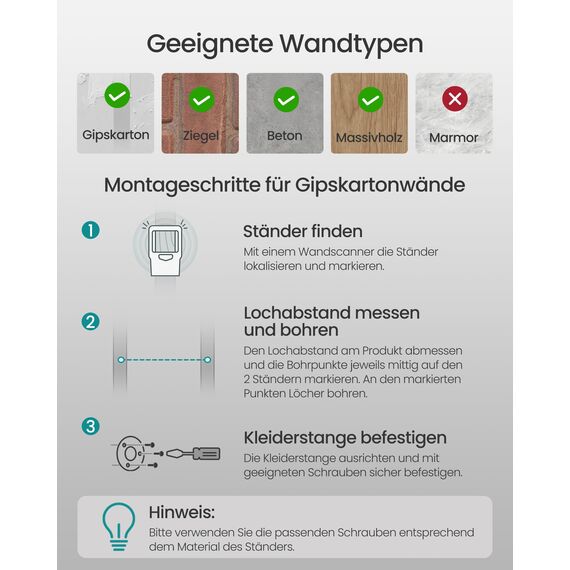 SONGMICS Wandgarderobe, Kleiderstange, Röhrenimitat, Industriestil, 112 x 30 x 29,3 cm, 60 kg Traglast, einfache Montage, für kleine Räume, Schwarz HSR64BK