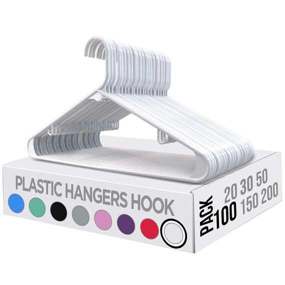 Utopia Home Kleiderbügel aus Kunststoff, 100 Stück, Kleiderbügel mit Haken, langlebig und platzsparend, weiß