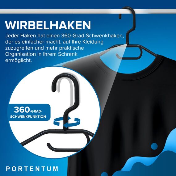 PORTENTUM Kleiderbügel aus 100% Recyceltem Kunststoff, 50 Stück, Schwarz. Für Alle Kleidungsarten, 360º Drehbarer Haken, Platzsparend, Zubehörhalter, Haken für Kleider, Blusen & Röcke, Made in Spain