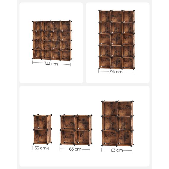 SONGMICS Schuhregal, Regalsystem, Steckregal, Set aus 16 Würfeln, DIY Regal, stapelbar, aus PP-Kunststoff, als Garderobe, für Schlafzimmer, Büro, 31 x 123 x 123 cm, vintagebraun LPC442A01