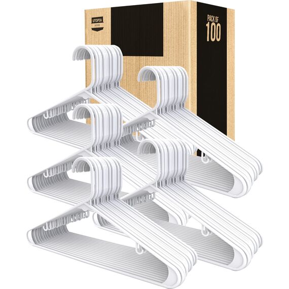 Utopia Home Kleiderbügel aus Kunststoff, 100 Stück, Kleiderbügel mit Haken, langlebig und platzsparend, weiß