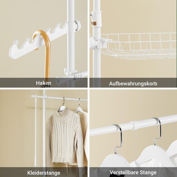 SoBuy Teleskop Kleiderständer, robuster Kleiderstange, verstellbarer offener Kleiderschrank mit Ablagen für Schlafzimmer, Garderobenständer, Weiß KLS04-II-W