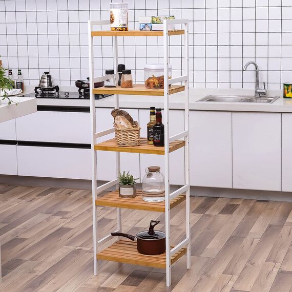 SONGMICS Bambus Regal, Küchenregal, Badregal, Bücherregal, Standregal mit 5 Ablagen, 31,5 x 45 x 142 cm, für Bad, Küche, Wohnzimmer, Schlafzimmer, Balkon, naturfarben-weiß BCB75WN