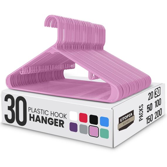 Utopia Home Kleiderbügel aus Kunststoff, 30 Stück, Kleiderbügel mit Haken, langlebig und platzsparend, Rosa