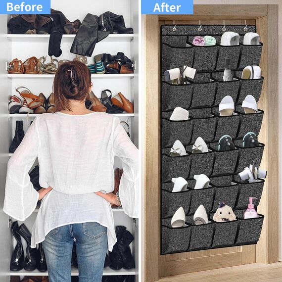 homyfort hängend Aufbewahrungstasche, Schuhaufbewahrung mit 24 Taschen, Ordnungssystem für die Tür, Schuhregal Tür, Schuhorganizer, Leinen Schwarz, XAODSB1P