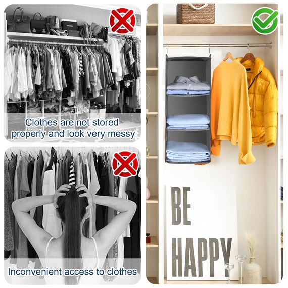 AiQInu Hängeregal Kleiderschrank,Hängeaufbewahrung Schrank Organizer mit 3 Fächern,Faltbar Platzsparend Hängeorganizer Aufbewahrungssystem mit Metallhaken und Bambus-Stock Verstärkt