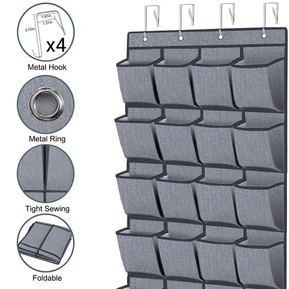 homyfort Organizer über der Tür für Schuhe, schuh regal Ordnungssysteme Schuhaufbewahrung, hängender Schuh-Halter, mit 24 Taschen, 156x56cm, Grau Leinen, X3G12GP2