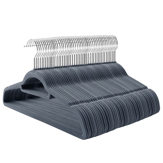SONGMICS 100 Stück Kleiderbügel Samt, Bügel-Set mit Rutschfester Oberfläche, Platzsparender Anzugbügel, mit 360° Drehbarem Metallhaken, hellgrau, CRF100VX, 45 x 23,5 x 0,6 cm (B x H x T)