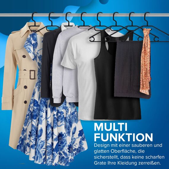 PORTENTUM Kleiderbügel aus 100% Recyceltem Kunststoff, 50 Stück, Schwarz. Für Alle Kleidungsarten, 360º Drehbarer Haken, Platzsparend, Zubehörhalter, Haken für Kleider, Blusen & Röcke, Made in Spain