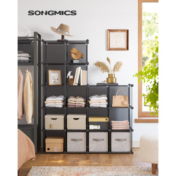 SONGMICS Schuhregal, Regalsystem, Steckregal, Set aus 16 Würfeln, DIY Regal, stapelbar, aus PP-Kunststoff, als Garderobe, für Schlafzimmer, Büro, 31 x 123 x 123 cm, grau LPC442G01