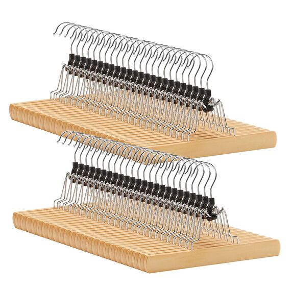 SONGMICS Hosenspanner, 48 Stück, Kleiderbügel aus Holz, Hosenbügel, rutschfest, verchromter Haken, um 360 Grad drehbar, Natur CRW007-48