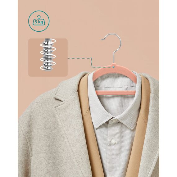 SONGMICS Kleiderbügel Samt, 50er Set, Bügel, rutschfest, kleine Stange für Krawatten, 360° drehbarer Haken, 0,6 cm dick, platzsparend, 43,5 cm lang, für Mäntel, Hosen, Silber-Hellrosa CRF50PK