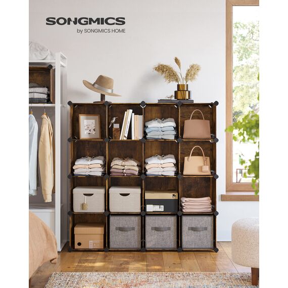 SONGMICS Schuhregal, Regalsystem, Steckregal, Set aus 16 Würfeln, DIY Regal, stapelbar, aus PP-Kunststoff, als Garderobe, für Schlafzimmer, Büro, 31 x 123 x 123 cm, vintagebraun LPC442A01