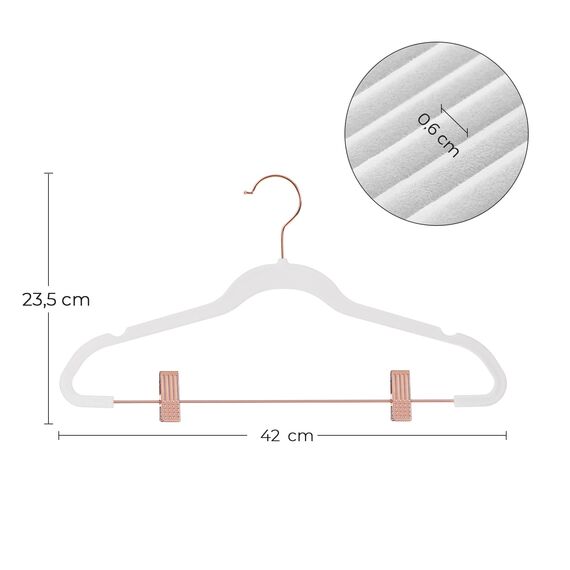 SONGMICS Hosenbügel, 24 Stück, 42 cm, Kleiderbügel mit verstellbaren Zangen und Haken in Roségold, rutschfest, platzsparend, für Röcke, Weiß CRF014W01, Standard