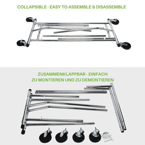 HOKEEPER 113kg Tragfähigkeit Kommerzielle Grade Kleidung Kleiderständer Heavy Duty Sing Rail Einstellbare zusammenklappbare Rolling Kleiderständer auf Rädern,Chrom Finish