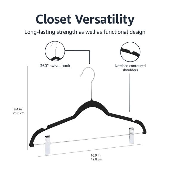 Amazon Basics Rockbügel beflockt, mit Clips, 24-er Pack, Schwarz