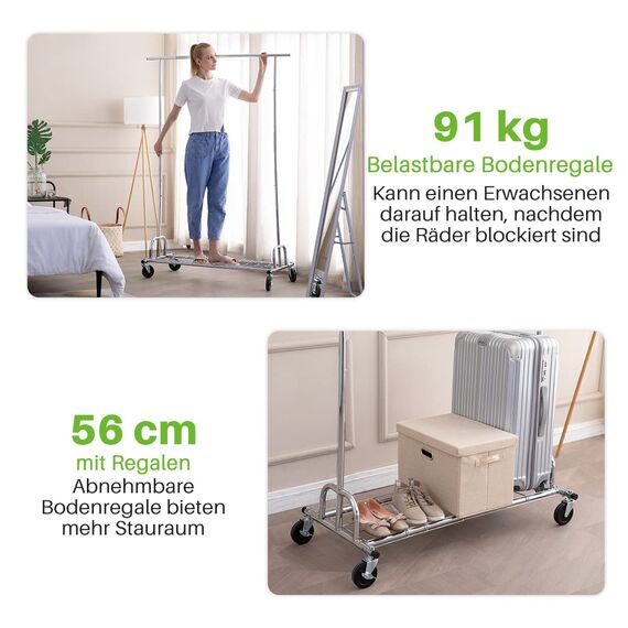 HOKEEPER Schwerlast Kleiderständer 204 kg – Chrom, Ausziehbar & Höhenverstellbar, Rollender Garderobenständer mit Einlegeböden