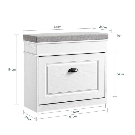 SoBuy Schuhbank mit Sitzkissen Stauraum Schuhschrank Schuhregal schmal platzsparende Sitzbank mit Stauraum für Flur, Wohnzimmer, Schlafzimmer, Weiß Vintage Holzmaserungseffekt 61x54x24cm FSR82-K-WG