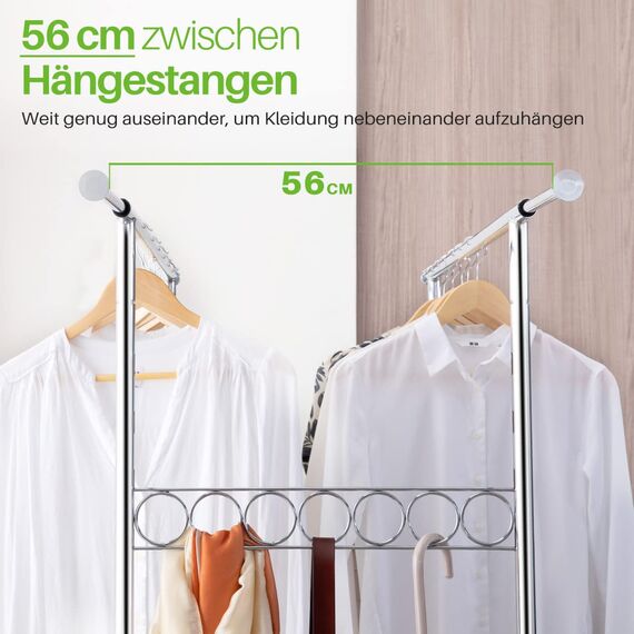 HOKEEPER Profi Doppelter Kleiderständer, bis 272 kg belastbar, Schwerlast Kleiderstange auf rollen, Industrie-Design, Garderobenständer mit 2 Kleiderstangen und Ablage