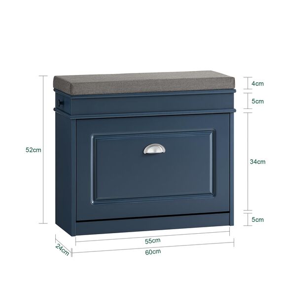SoBuy Schuhbank mit Sitzkissen und Stauraum Schuhschrank mit Klappe, Schuhregal schmal platzsparende Sitzbank mit Stauraum für Flur, Wohnzimmer, Schlafzimmer, bis 150 kg, Blau, 60x52x24cm, FSR82-K-B