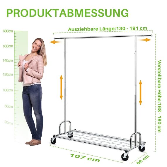 HOKEEPER Schwerlast Kleiderständer 204 kg – Chrom, Ausziehbar & Höhenverstellbar, Rollender Garderobenständer mit Einlegeböden