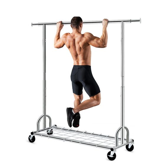 HOKEEPER Schwerlast Kleiderständer 204 kg – Chrom, Ausziehbar & Höhenverstellbar, Rollender Garderobenständer mit Einlegeböden