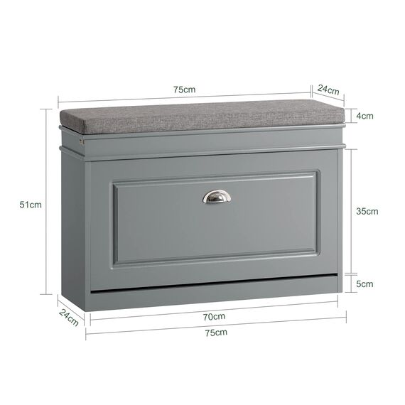 SoBuy Schuhbank mit Sitzkissen und Stauraum Schuhschrank mit Klappe, Schuhregal schmal platzsparende Sitzbank mit Stauraum für Flur, Wohnzimmer, Schlafzimmer, bis 150 kg Hellgrau 75x51x24cm FSR82-L-HG