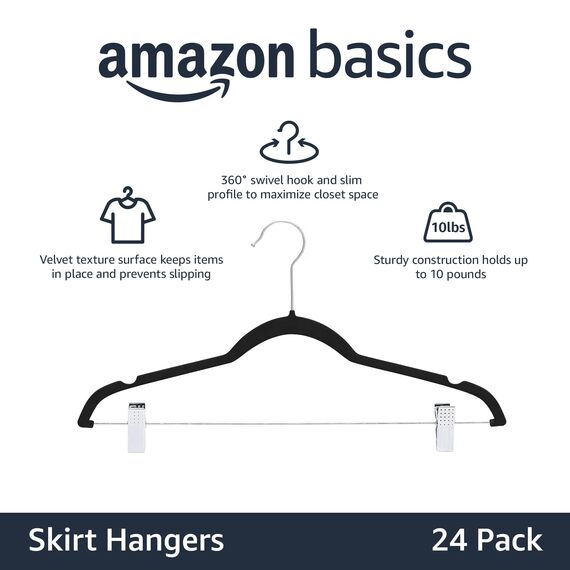 Amazon Basics Rockbügel beflockt, mit Clips, 24-er Pack, Schwarz