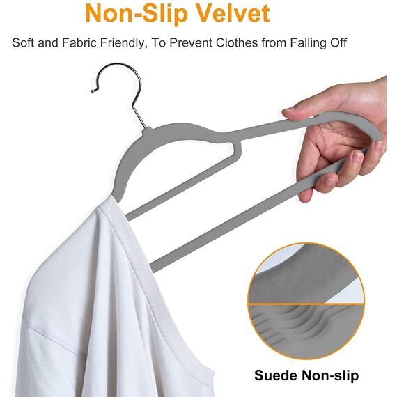 Ediesi, Samt-Kleiderbügel, 50 Stück, grau, mit Krawatte, rutschfest, weich, dünn, für Hose, Hemd, Rock, Anzüge (50 Stück, grau mit Korbato)