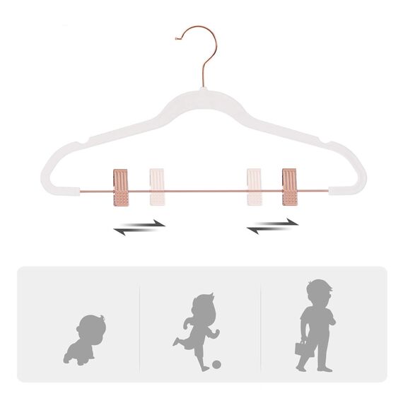 SONGMICS Hosenbügel, 24 Stück, 42 cm, Kleiderbügel mit verstellbaren Zangen und Haken in Roségold, rutschfest, platzsparend, für Röcke, Weiß CRF014W01, Standard