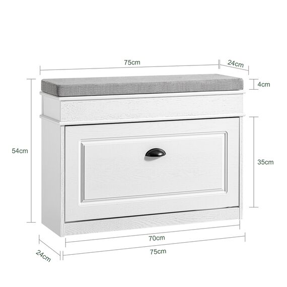 SoBuy Schuhbank mit Sitzkissen Stauraum Schuhschrank Schuhregal schmal platzsparende Sitzbank mit Stauraum für Flur, Wohnzimmer, Schlafzimmer, Weiß Vintage Holzmaserungseffekt 75x54x24cm FSR82-L-WG