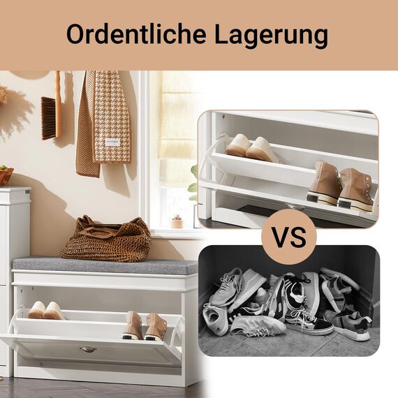 SoBuy Schuhbank mit Sitzfläche Schuhschrank mit Sitzbank Schuhschrank mit Klappe, Schuhregal schmal Schuhbank mit Stauraum für Flur, Wohnzimmer, Schlafzimmer, bis 150 kg, Weiß 75x51x24cm, FSR82-L-W