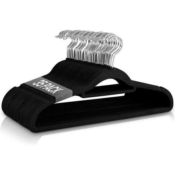 Ediesi, Samt-Kleiderbügel, 35 Stück, schwarz, mit Krawatte, rutschfest, weich, dünn, für Hose, Hemd, Rock, Anzüge (35 Stück, schwarz mit Korbato)
