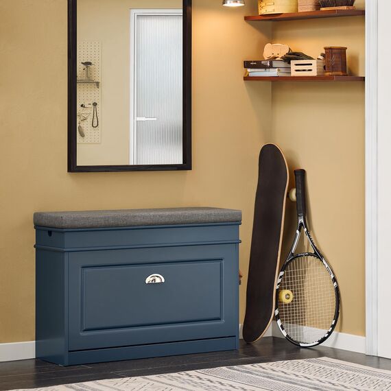 SoBuy Schuhbank mit Sitzfläche Sitzbank mit Stauraum und Klappen, schmaler Schuhschrank mit Sitzbank & Schuhregal platzsparend, Schuhablage für Flur & kleine Räume, 75x52x24cm, Blau, FSR82-L-B