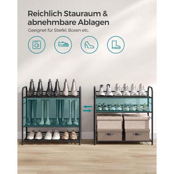 SONGMICS Schuhregal mit 4 Ablagen, stapelbarer Schuh-Organizer, für bis zu 16 Paar Schuhe, aus Stahl, 68,5 x 27,5 x 65 cm, für High Heels, Turnschuhe, Hausschuhe, schwarz LMR067B01