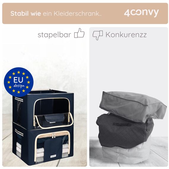 4CONVY Kleideraufbewahrung Kleiderschrank Box mit Reißverschluss Metallrahmen - große faltbare stapelbare Aufbewahrungsbox -2x66L Aufbewahrungstaschen - Kleiderbox für Bettdecke Kleidung Aufbewahrung