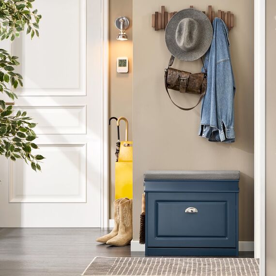 SoBuy Schuhbank mit Sitzkissen und Stauraum Schuhschrank mit Klappe, Schuhregal schmal platzsparende Sitzbank mit Stauraum für Flur, Wohnzimmer, Schlafzimmer, bis 150 kg, Blau, 60x52x24cm, FSR82-K-B