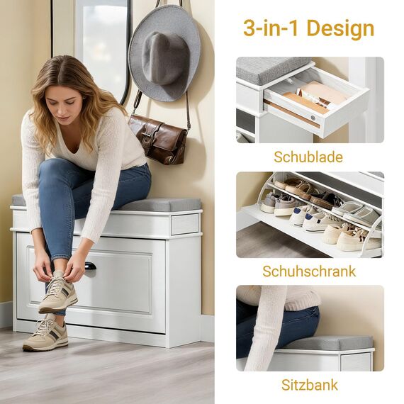 SoBuy Schuhbank mit Sitzkissen Stauraum Schuhschrank Schuhregal schmal platzsparende Sitzbank mit Stauraum für Flur, Wohnzimmer, Schlafzimmer, Weiß Vintage Holzmaserungseffekt 75x54x24cm FSR82-L-WG