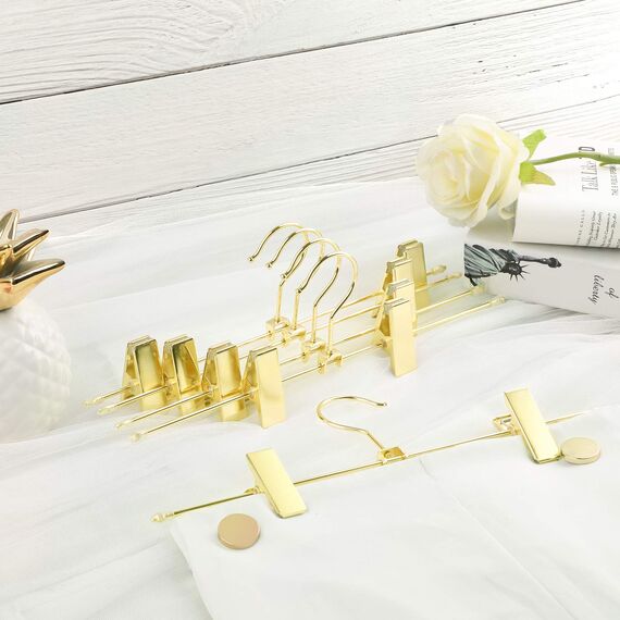SONGMICS Hosenbügel aus Metall, 10 Stück, Kleiderbügel, 31 cm, mit 2 rutschfesten Clips, für Röcke, Hosen, Unterwäsche, Bügel, platzsparend, rostfrei, um 360° drehbar, Gold CRI046G01