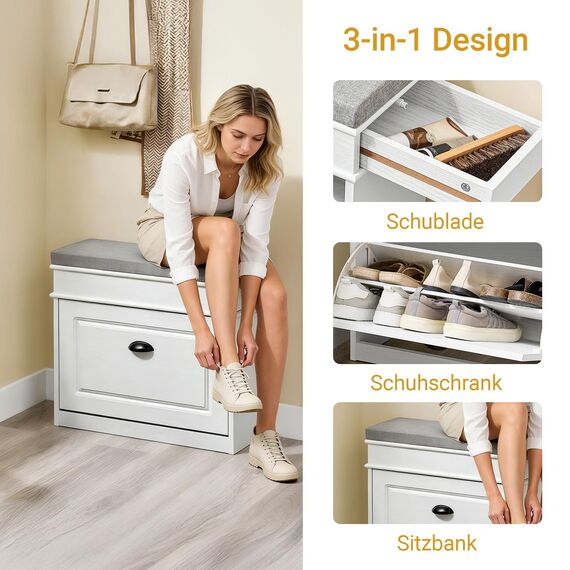 SoBuy Schuhbank mit Sitzkissen Stauraum Schuhschrank Schuhregal schmal platzsparende Sitzbank mit Stauraum für Flur, Wohnzimmer, Schlafzimmer, Weiß Vintage Holzmaserungseffekt 61x54x24cm FSR82-K-WG