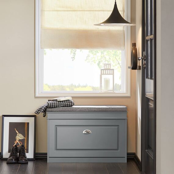 SoBuy Schuhbank mit Sitzkissen und Stauraum Schuhschrank mit Klappe, Schuhregal schmal platzsparende Sitzbank mit Stauraum für Flur, Wohnzimmer, Schlafzimmer, bis 150 kg Hellgrau 75x51x24cm FSR82-L-HG