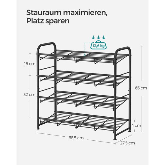 SONGMICS Schuhregal mit 4 Ablagen, stapelbarer Schuh-Organizer, für bis zu 16 Paar Schuhe, aus Stahl, 68,5 x 27,5 x 65 cm, für High Heels, Turnschuhe, Hausschuhe, schwarz LMR067B01