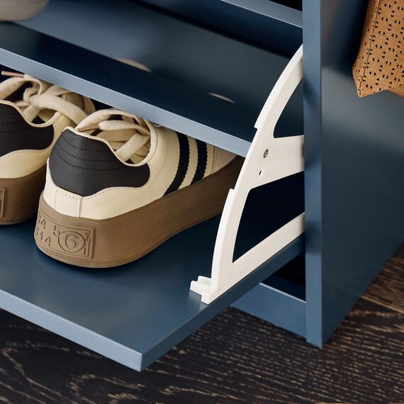 SoBuy Schuhbank mit Sitzfläche Sitzbank mit Stauraum und Klappen, schmaler Schuhschrank mit Sitzbank & Schuhregal platzsparend, Schuhablage für Flur & kleine Räume, 75x52x24cm, Blau, FSR82-L-B